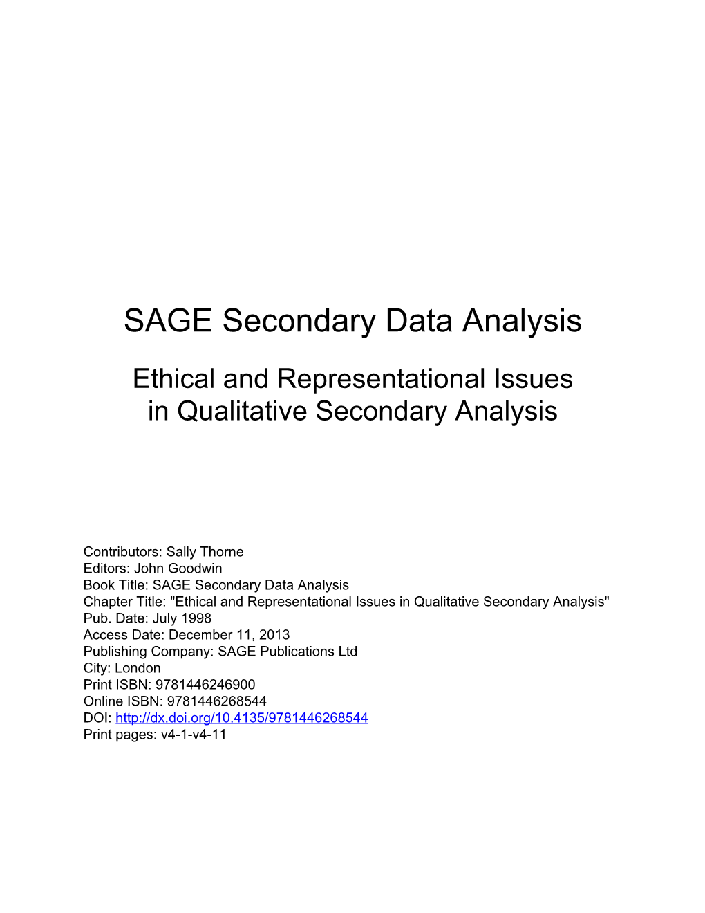 SAGE Secondary Data Analysis