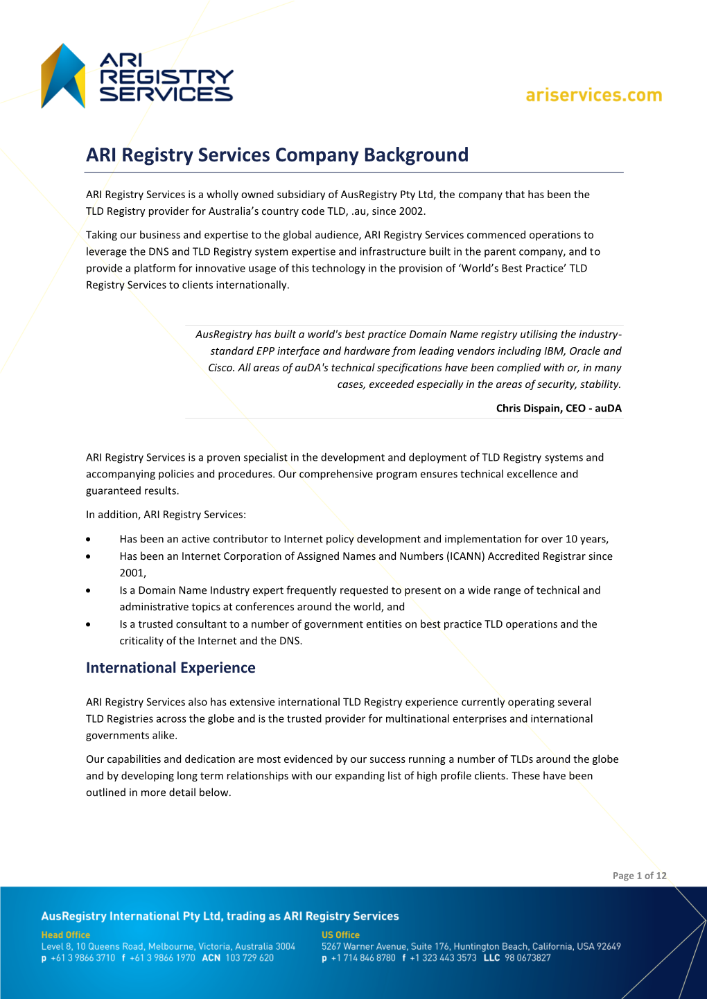 ARI Registry Services Company Background