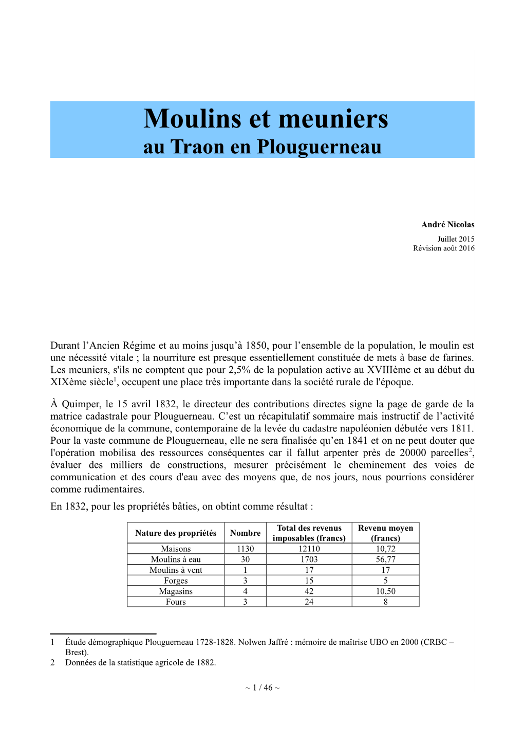 Moulins Et Meuniers Au Traon En Plouguerneau