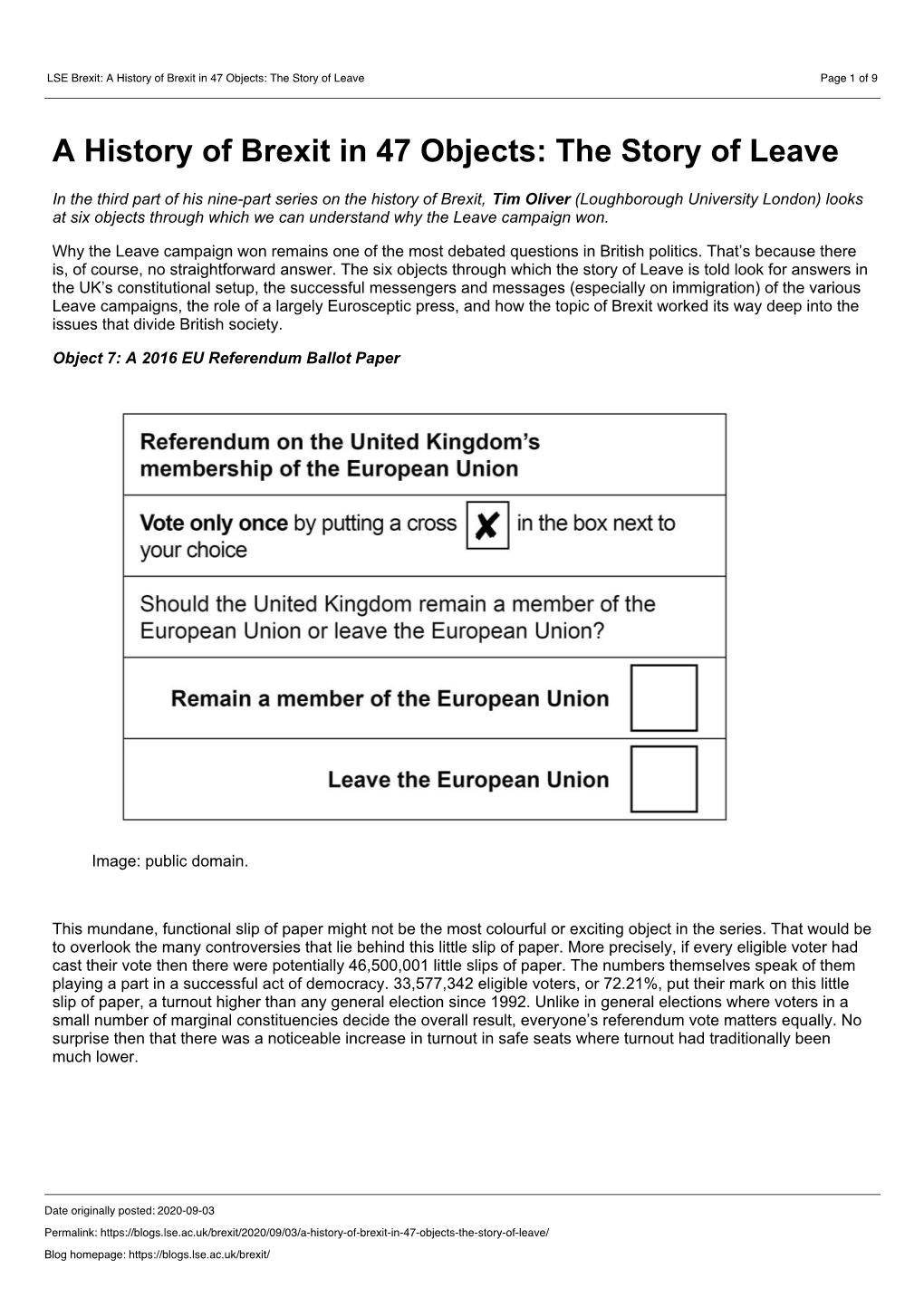 A History of Brexit in 47 Objects: the Story of Leave Page 1 of 9