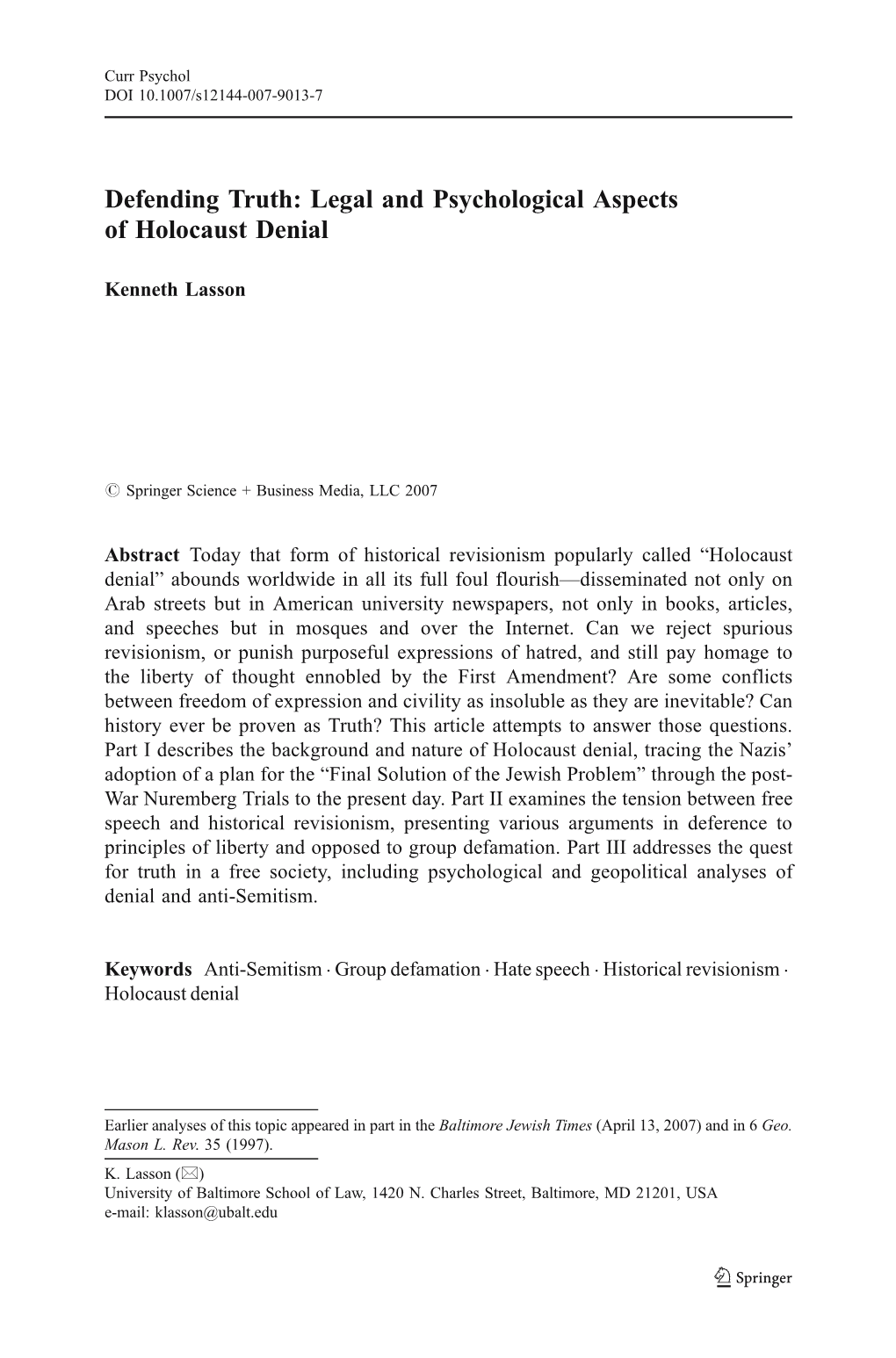 6. Defending Truth: Legal and Psychological Aspects of Holocaust Denial by Kenneth Lasson