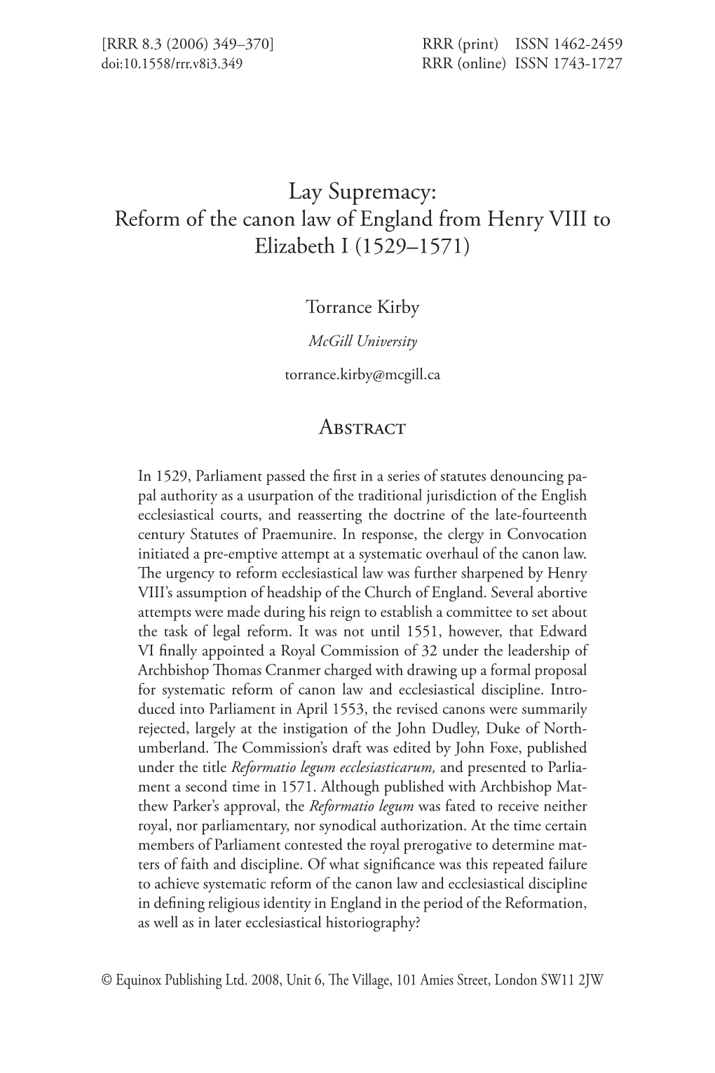 Lay Supremacy: Reform of the Canon Law of England from Henry VIII to Elizabeth I (1529–1571)