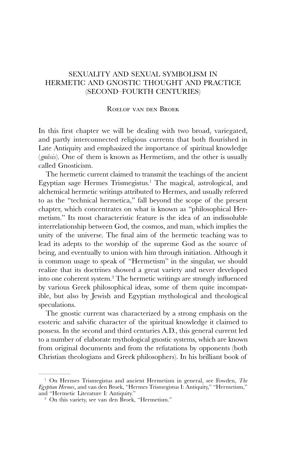 Sexuality and Sexual Symbolism in Hermetic and Gnostic Thought and Practice (Second–Fourth Centuries)