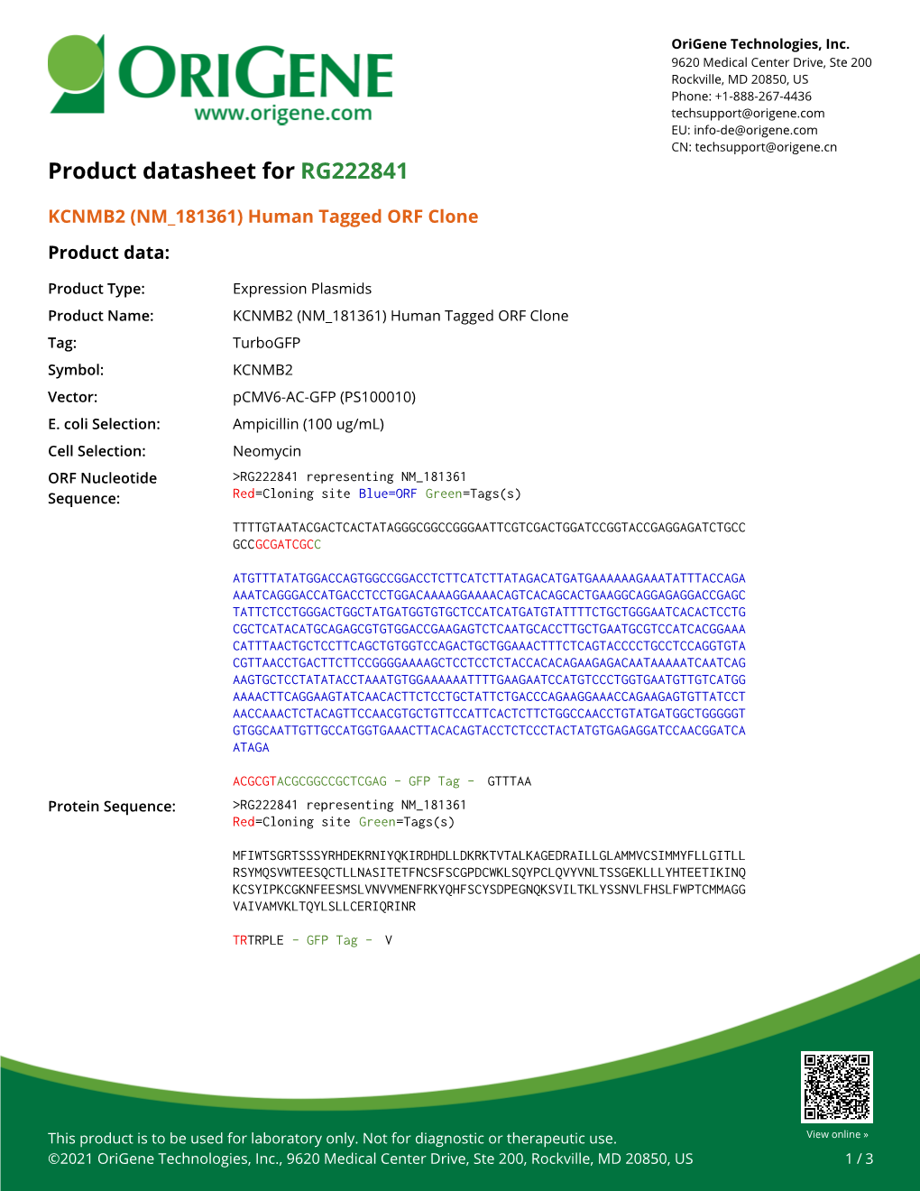 KCNMB2 (NM 181361) Human Tagged ORF Clone Product Data
