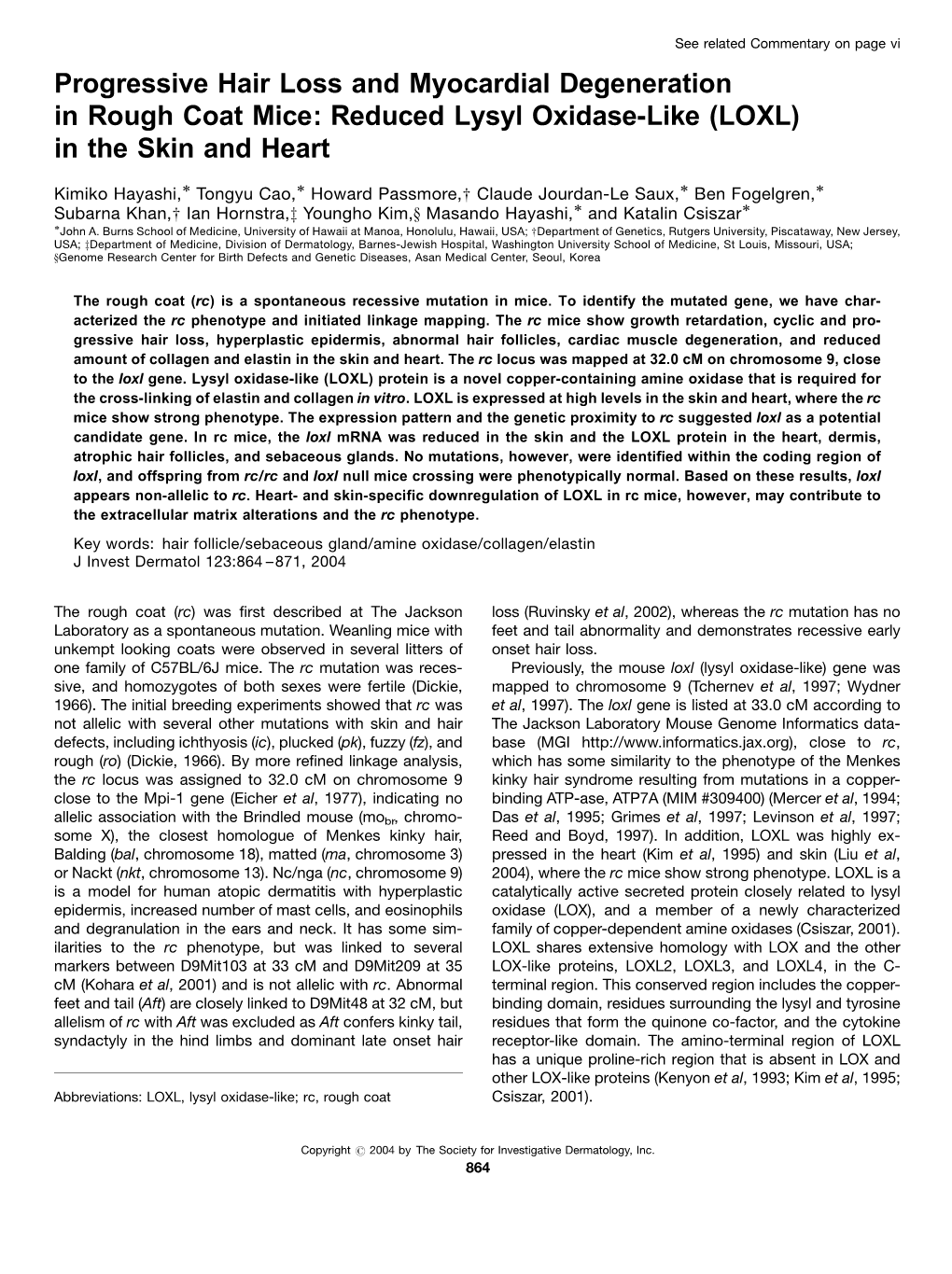 Reduced Lysyl Oxidase-Like (LOXL) in the Skin and Heart