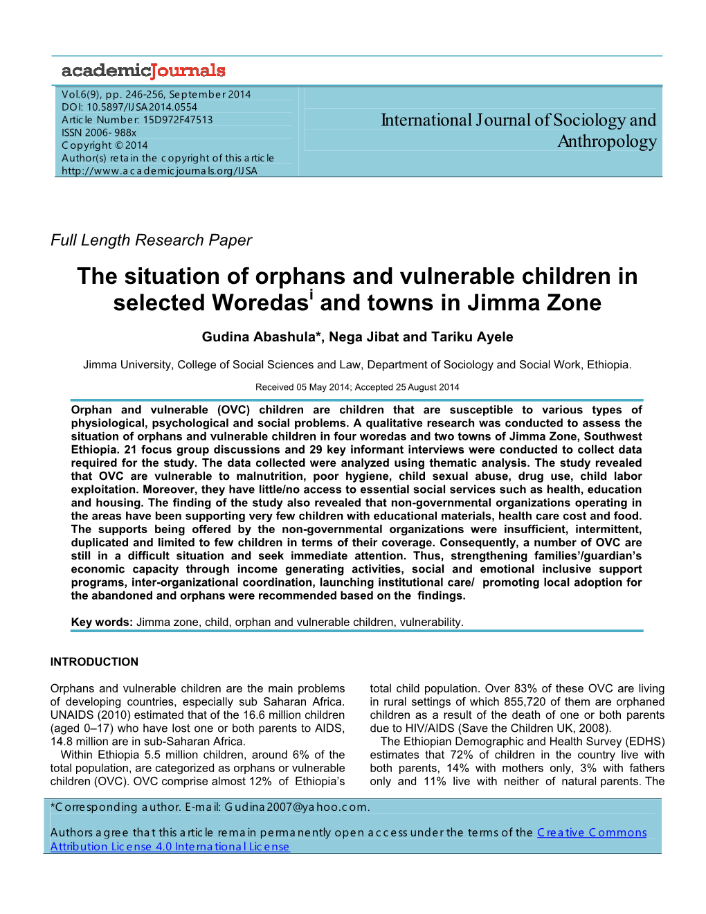 The Situation of Orphans and Vulnerable Children in Selected Woredasi and Towns in Jimma Zone