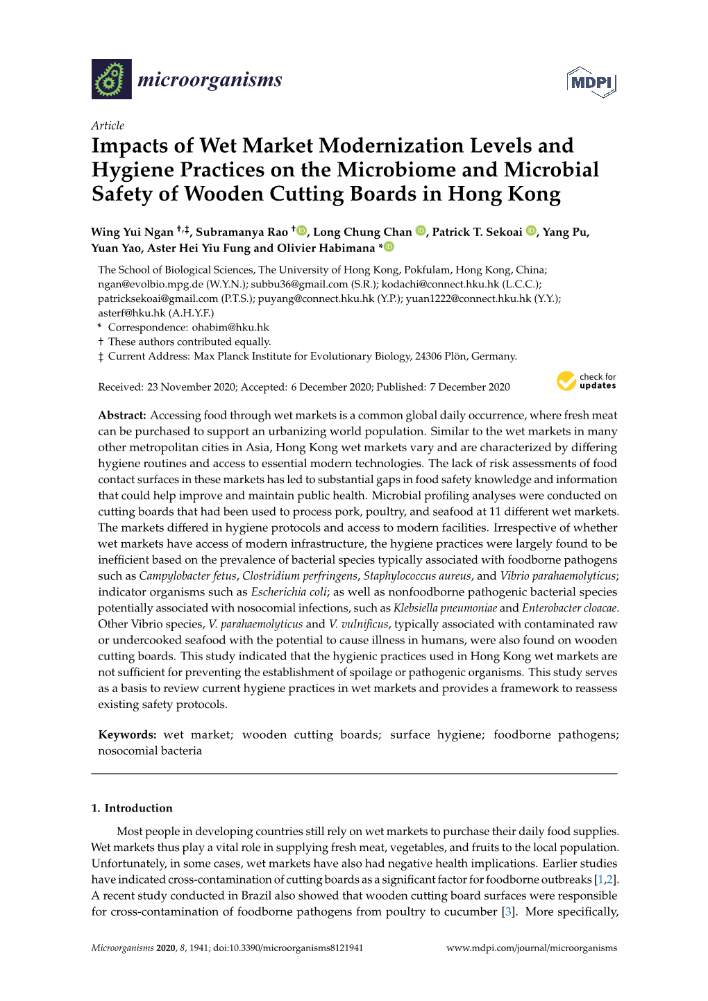 Impacts of Wet Market Modernization Levels and Hygiene Practices on the Microbiome and Microbial Safety of Wooden Cutting Boards in Hong Kong