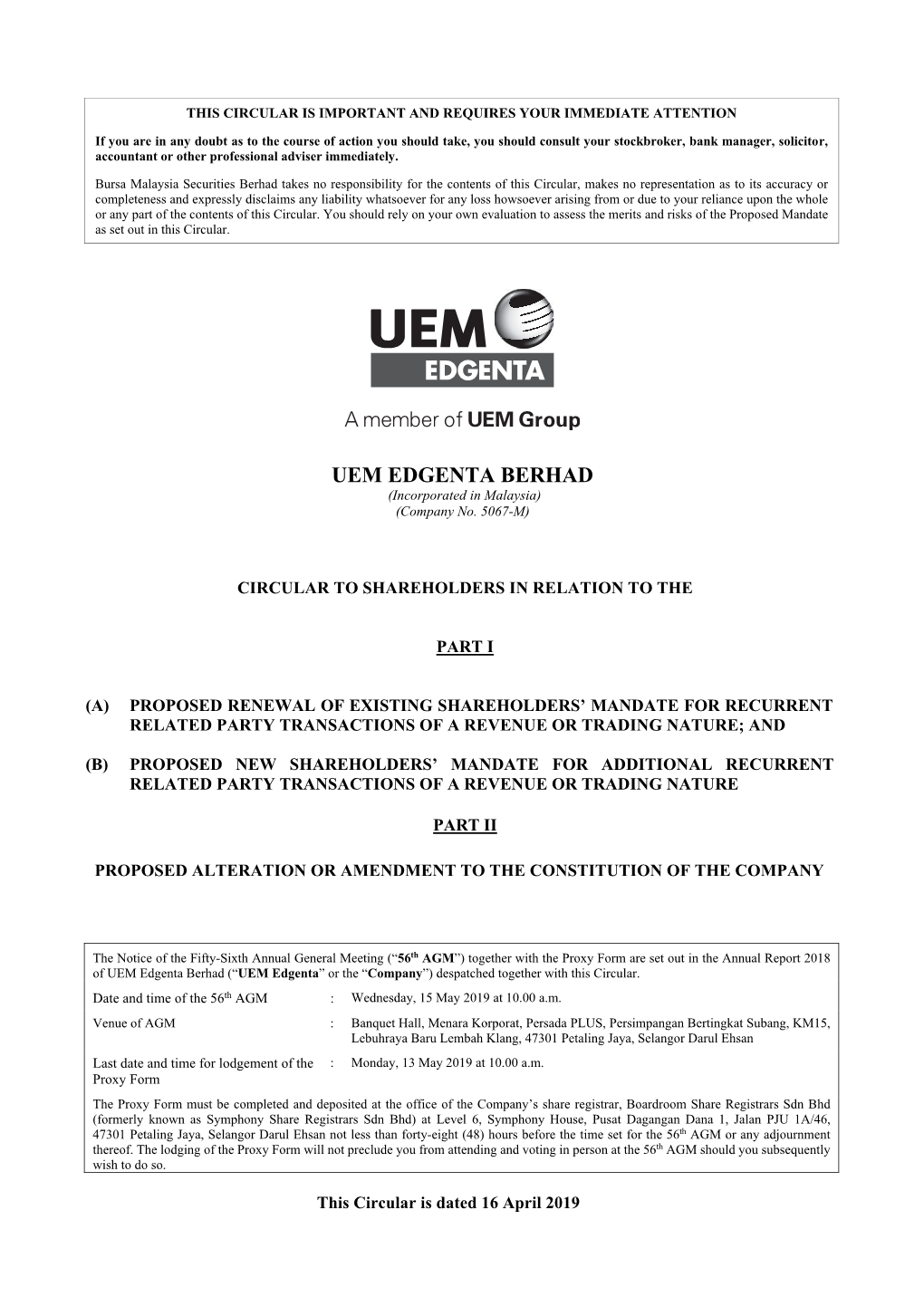 UEM Edgenta Berhad (“UEMUEM Edgentaedgenta” Or the “Companycompany”) Despatched Together with This Circular