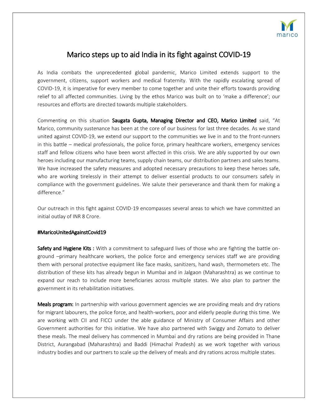 Marico Steps up to Aid India in Its Fight Against COVID-19