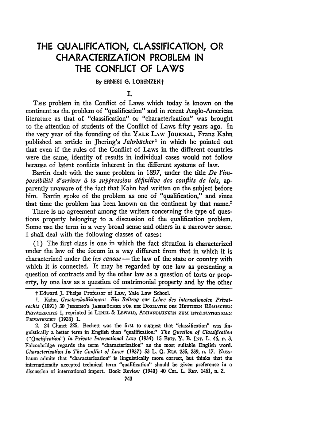 The Qualification, Classification, Or Characterization Problem in the Conflict of Laws