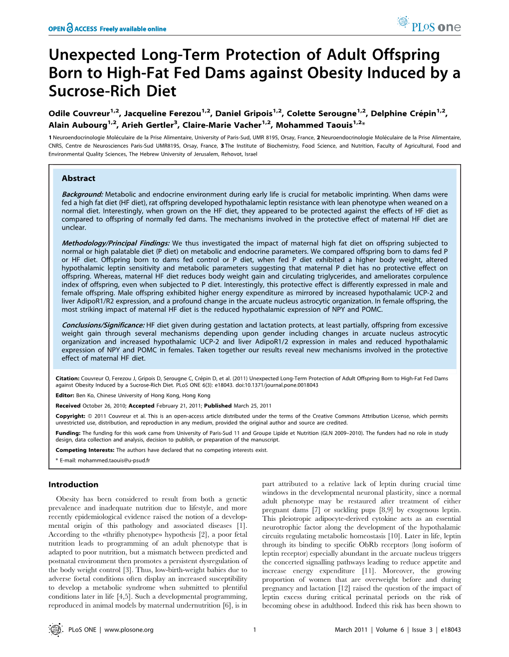 Unexpected Long-Term Protection of Adult Offspring Born to High-Fat Fed Dams Against Obesity Induced by a Sucrose-Rich Diet