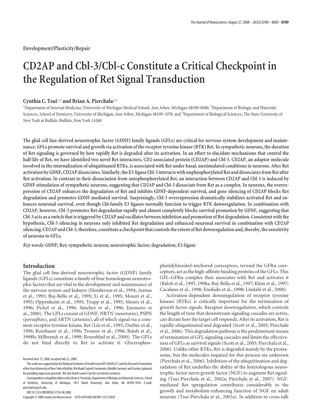 CD2AP and Cbl-3/Cbl-C Constitute a Critical Checkpoint in the Regulation of Ret Signal Transduction