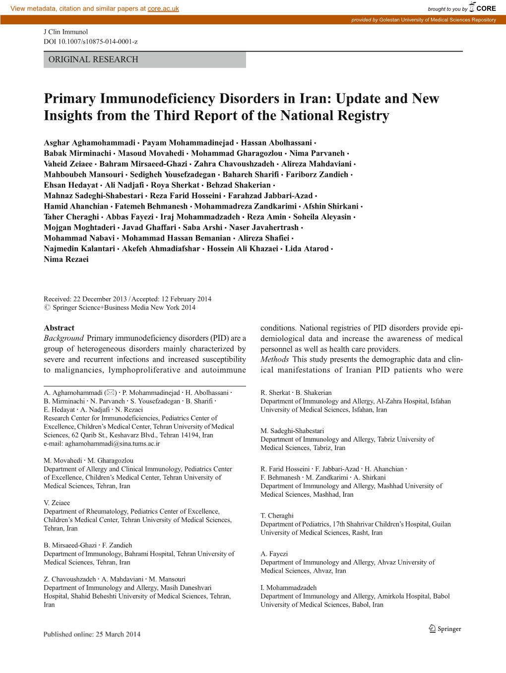 Primary Immunodeficiency Disorders in Iran: Update and New Insights from the Third Report of the National Registry