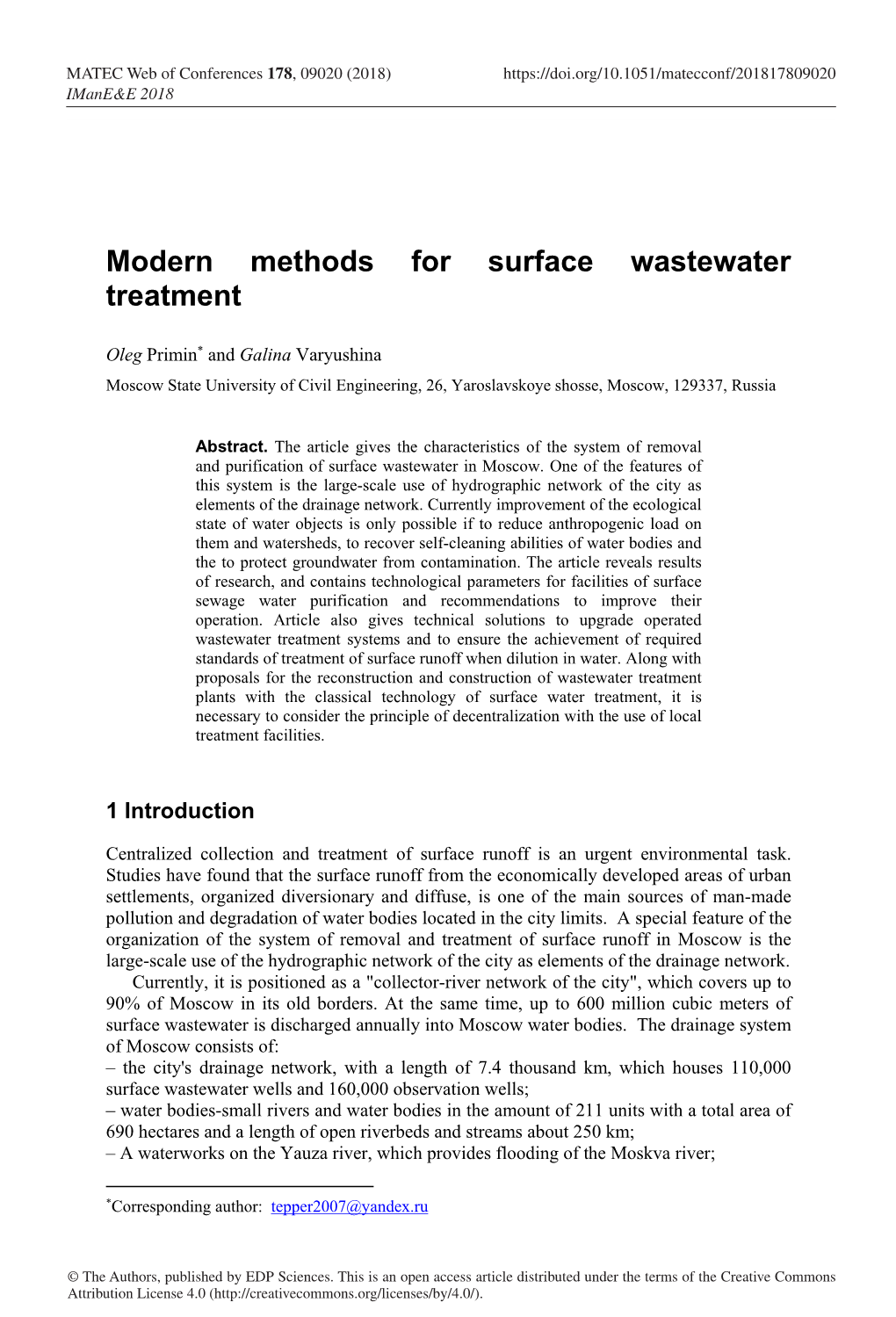 Modern Methods for Surface Wastewater Treatment