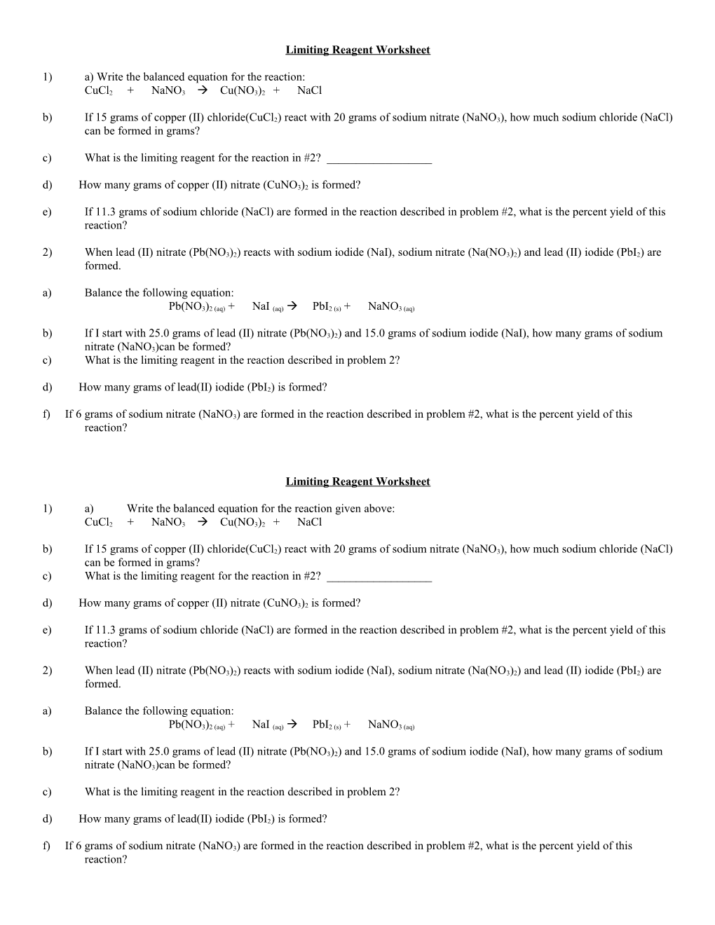 Limiting Reagent Worksheet s1