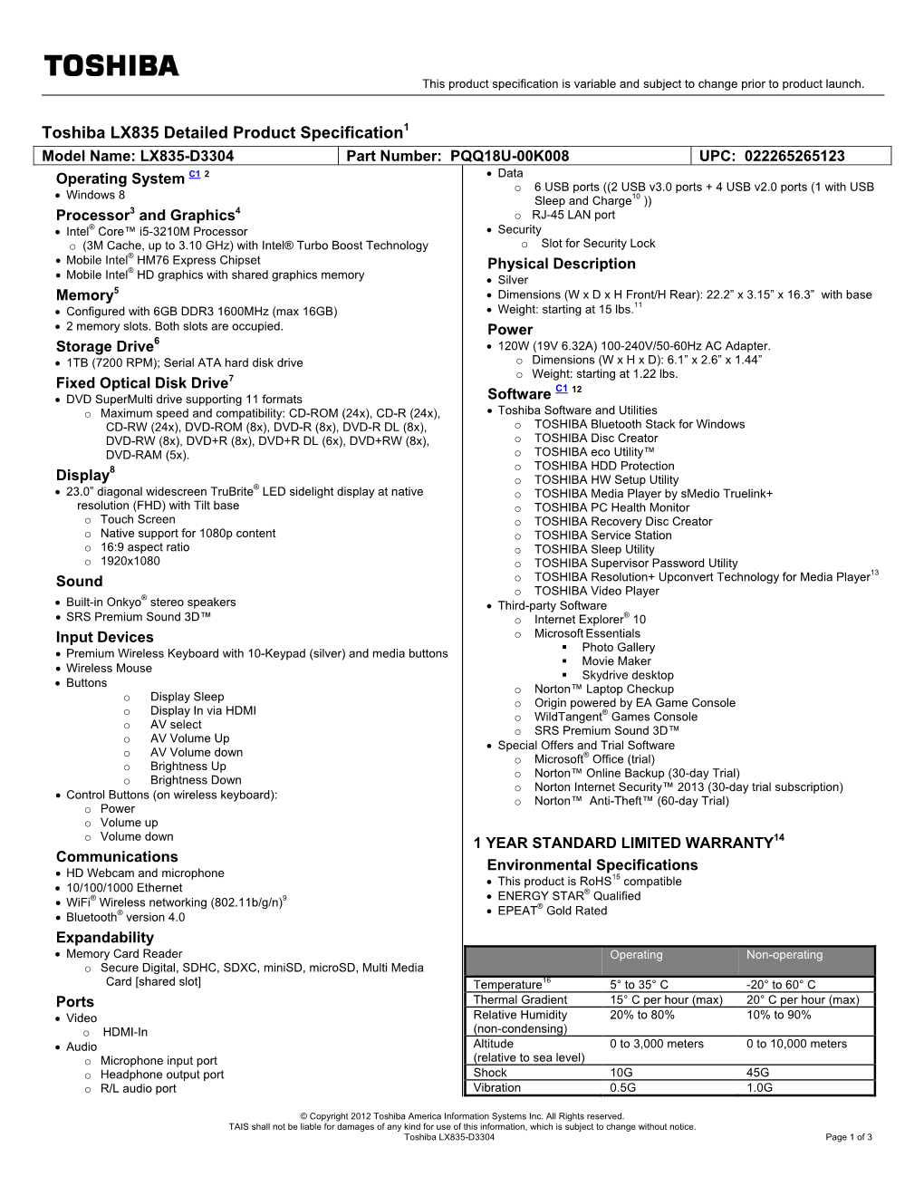 Toshiba LX835 Detailed Product Specification1