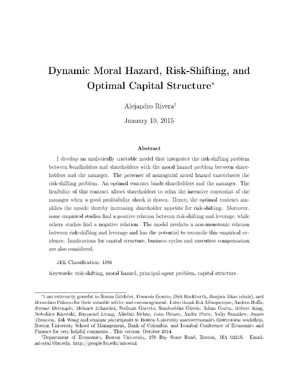 Dynamic Moral Hazard, Risk-Shifting, and Optimal Capital Structure∗
