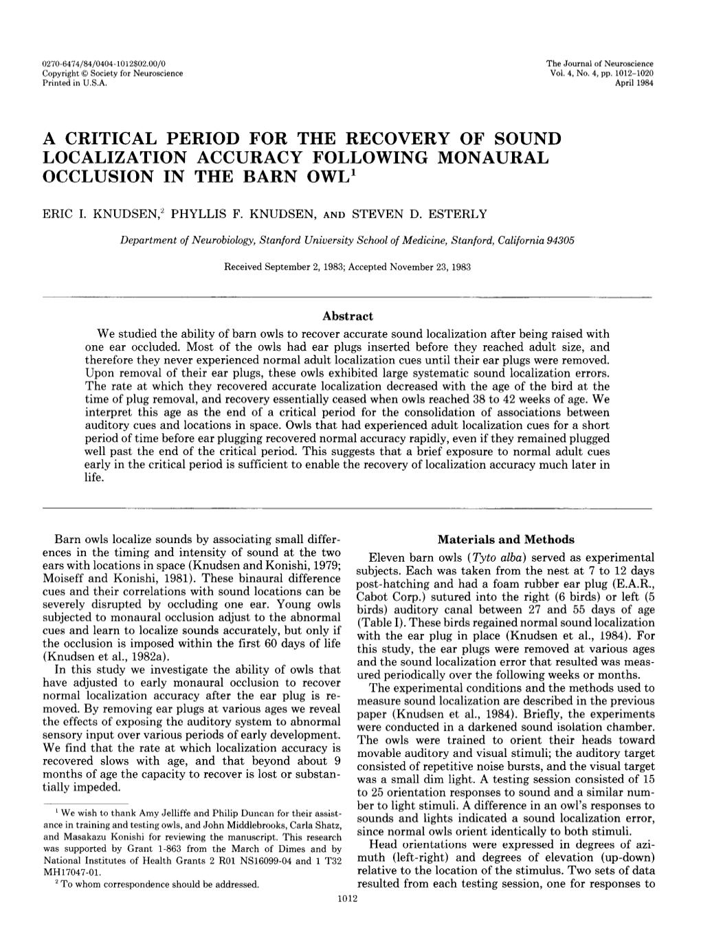 A Critical Period for the Recovery of Sound Localization Accuracy Following Monaural Occlusion in the Barn Owl’