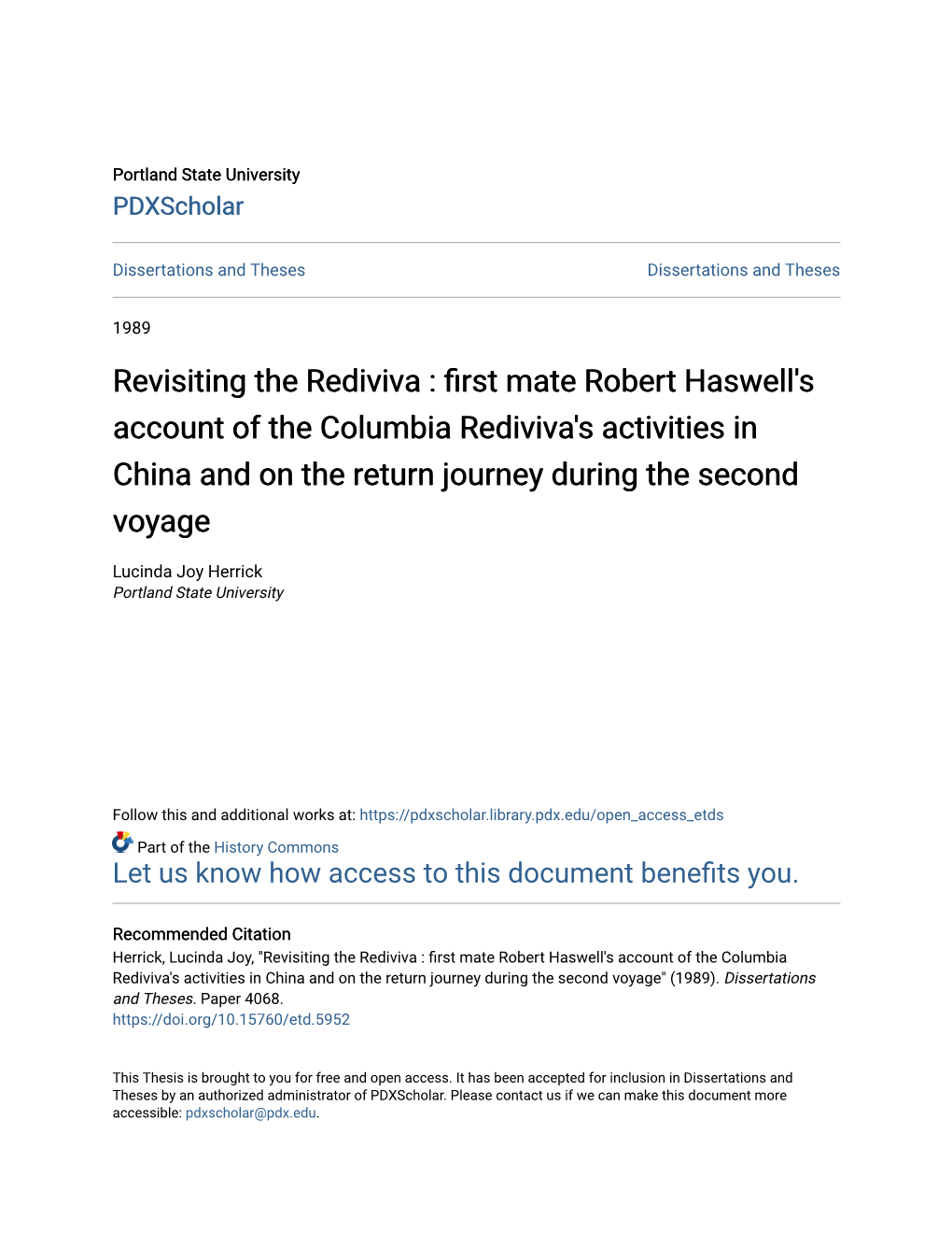 First Mate Robert Haswell's Account of the Columbia Rediviva's Activities in China and on the Return Journey During the Second Voyage