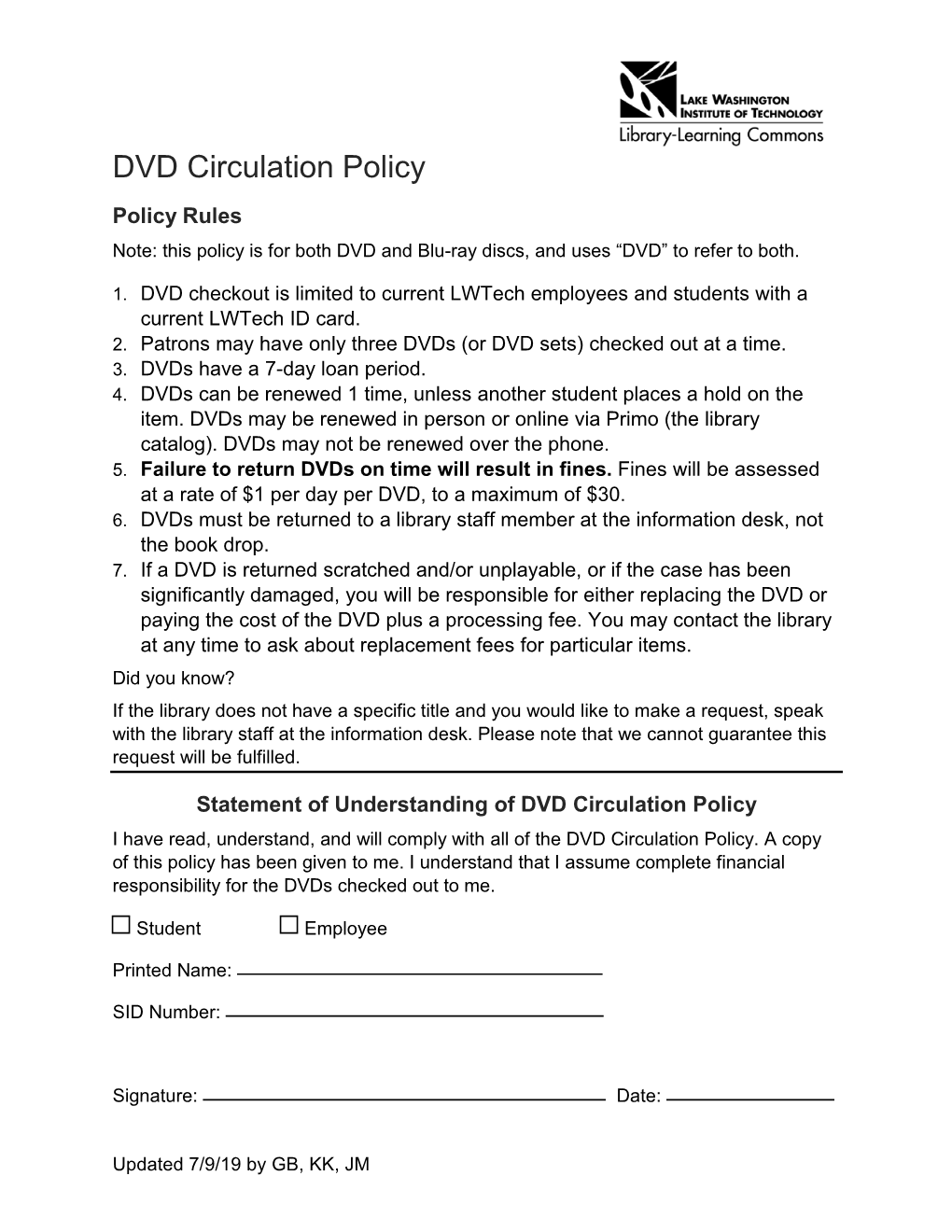 Lwtech Library DVD Circulation Policy