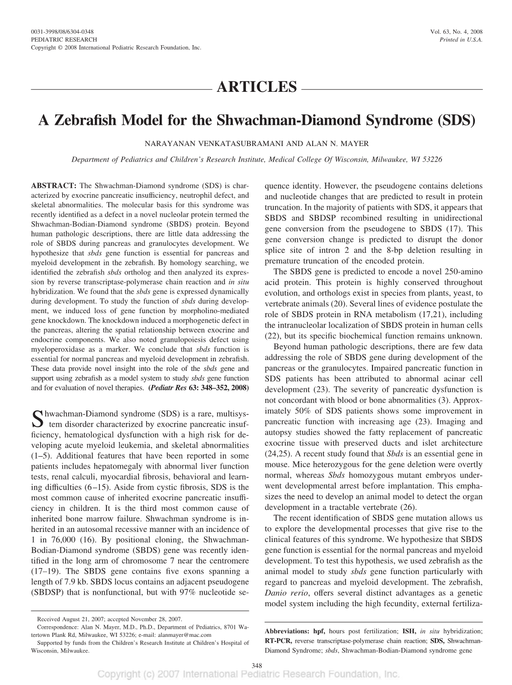 A Zebrafish Model for the Shwachman-Diamond Syndrome (SDS)
