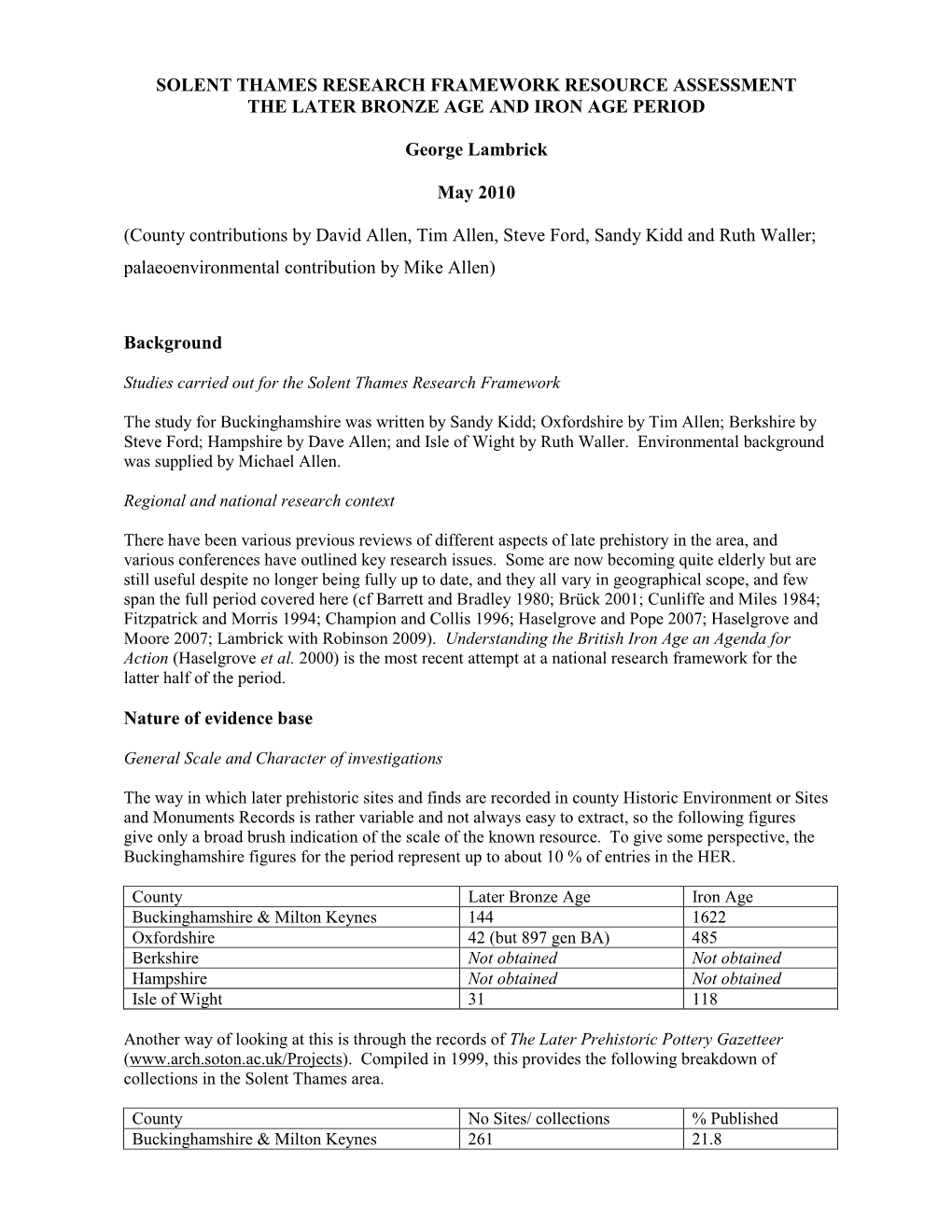 Late Bronze Age and Iron Age Resource Assessment