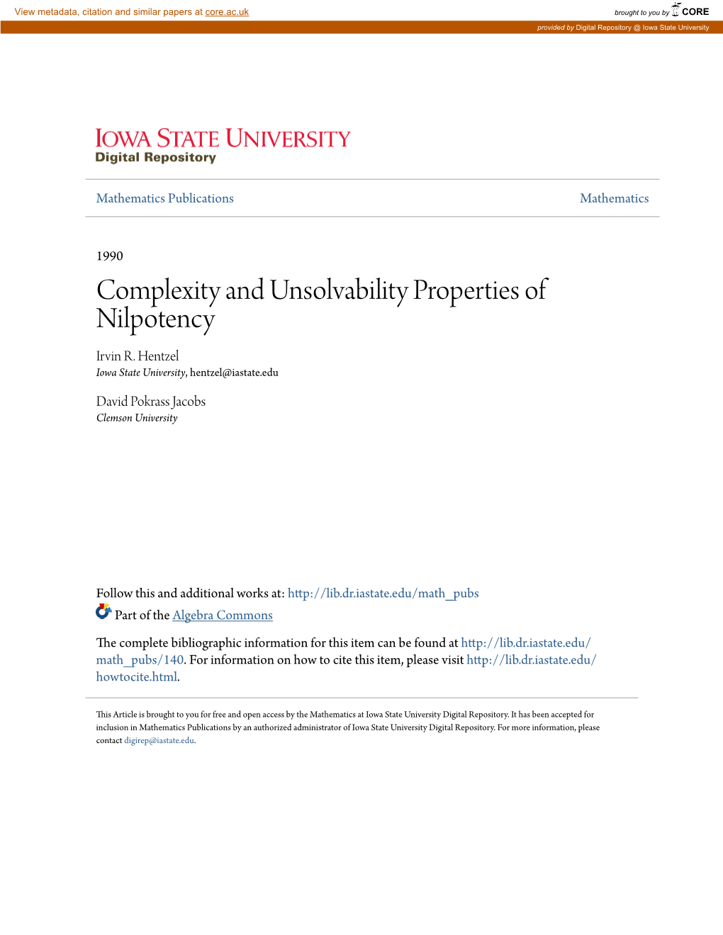 Complexity and Unsolvability Properties of Nilpotency Irvin R