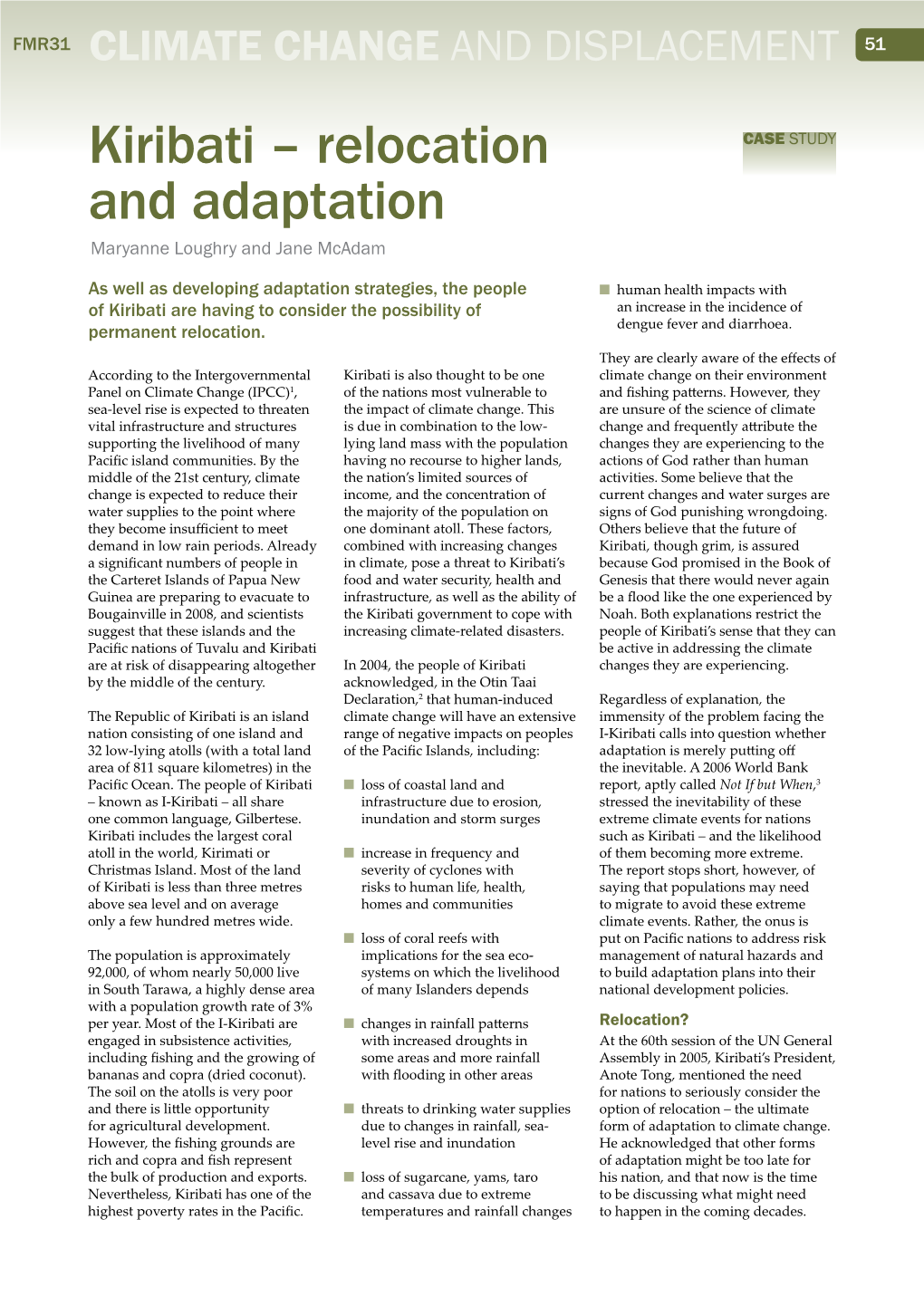 Kiribati – Relocation and Adaptation Maryanne Loughry and Jane Mcadam