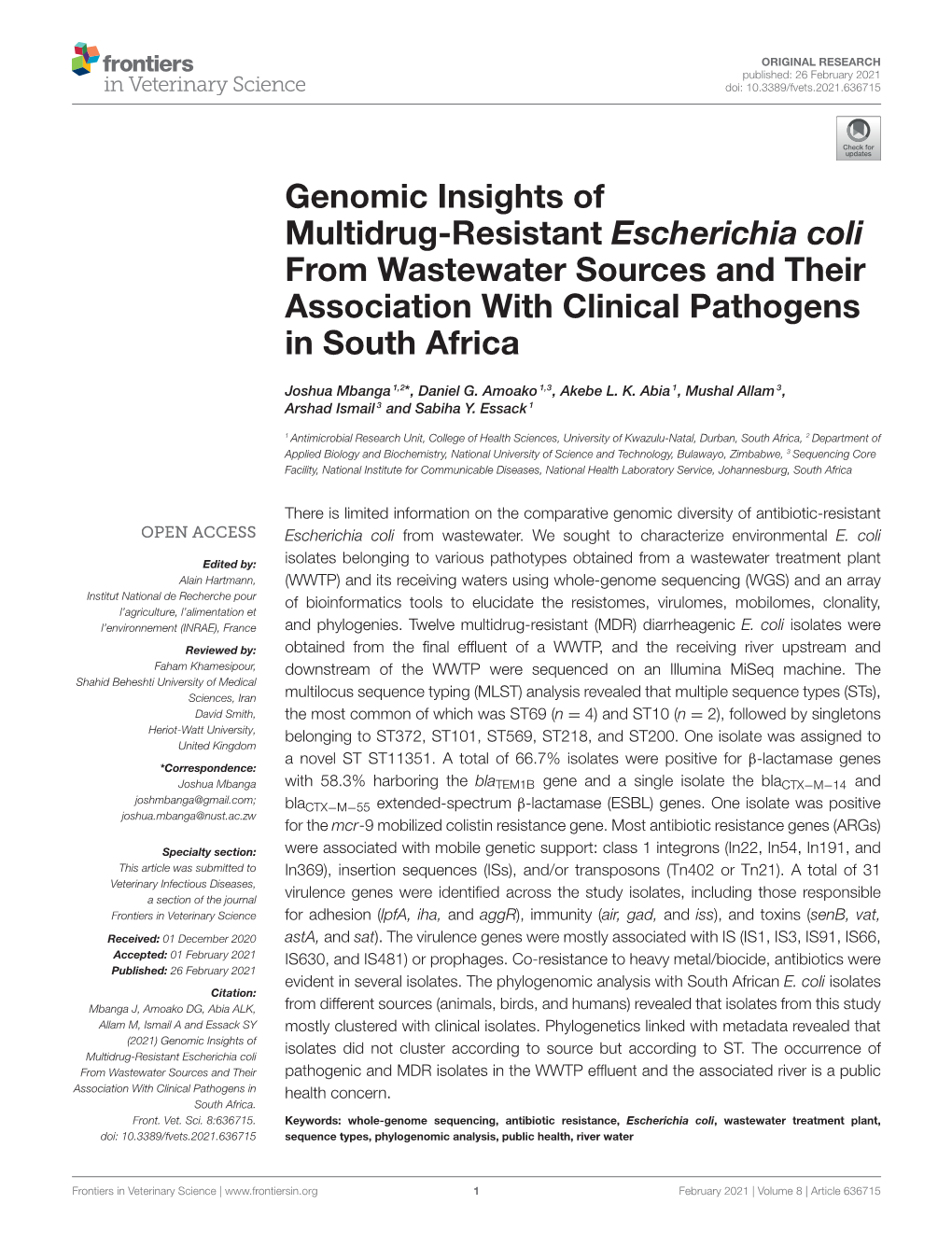 Genomic Insights of Multidrug-Resistant Escherichia Coli from Wastewater Sources and Their Association with Clinical Pathogens in South Africa