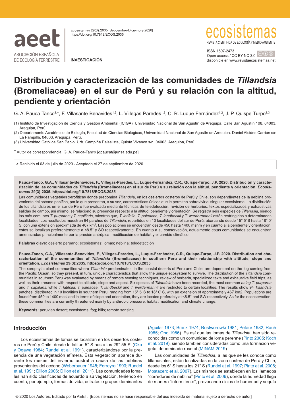 Distribución Y Caracterización De Las Comunidades De Tillandsia (Bromeliaceae) En El Sur De Perú Y Su Relación Con La Altitud, Pendiente Y Orientación G