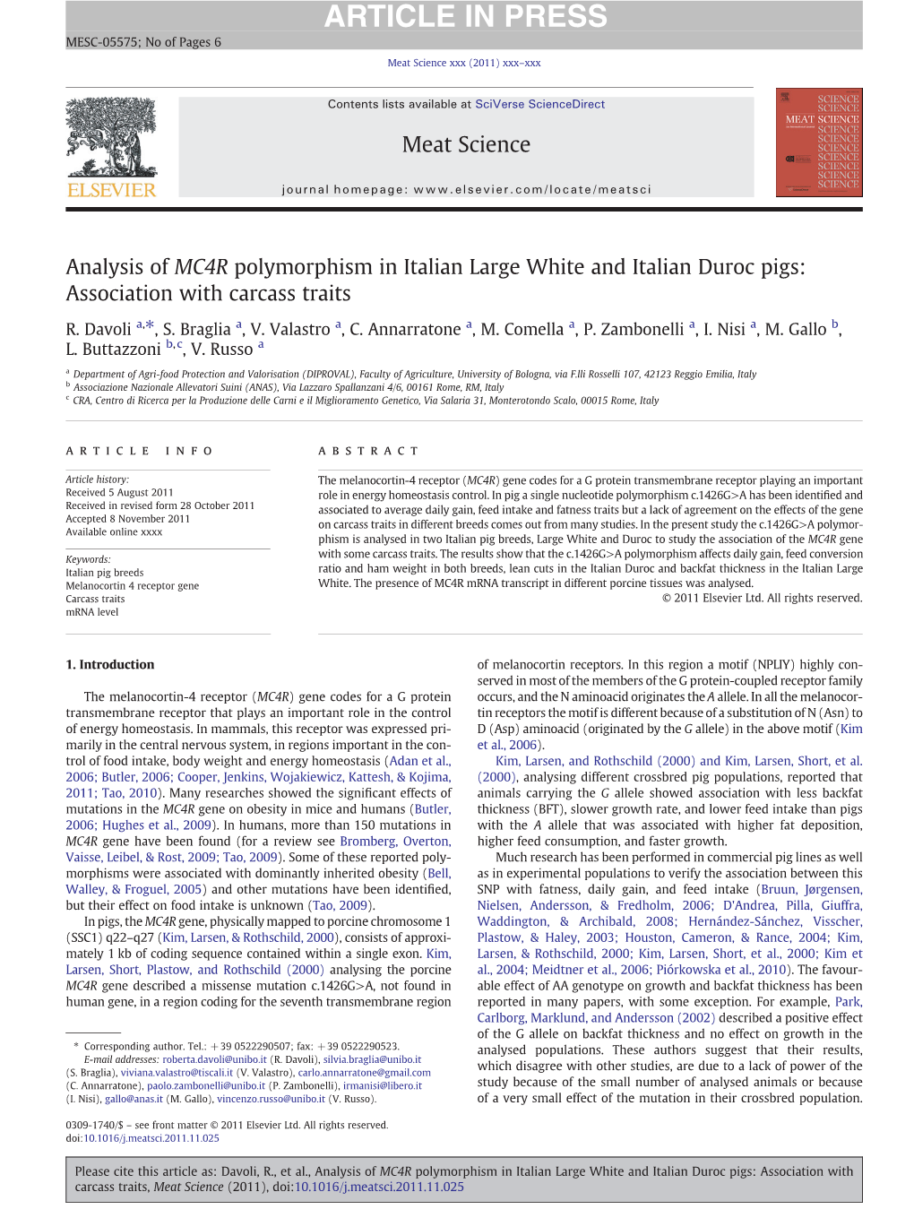 Analysis of MC4R Polymorphism in Italian Large White and Italian Duroc Pigs: Association with Carcass Traits