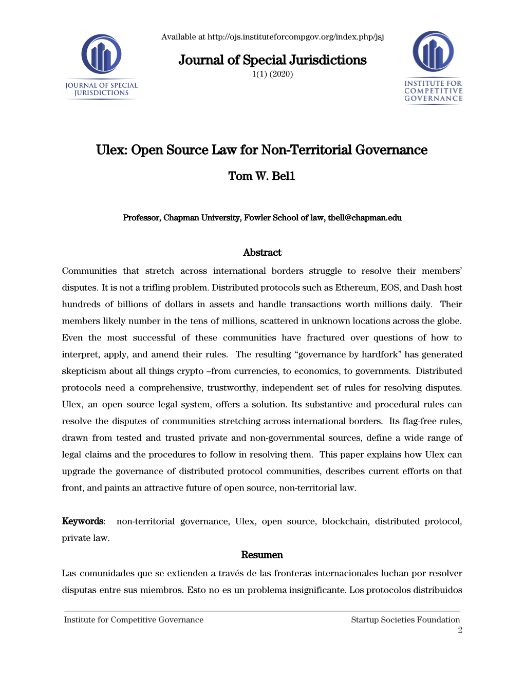 Journal of Special Jurisdictions ULEX: OPEN SOURCE LAW for NON-TERRITORIAL GOVERNANCE