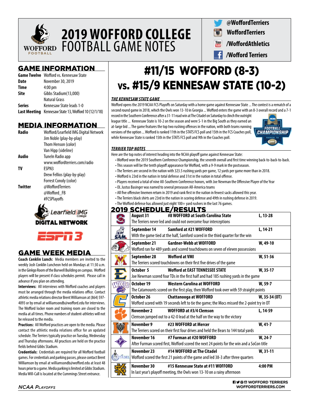 2019 Wofford College Football Game Notes