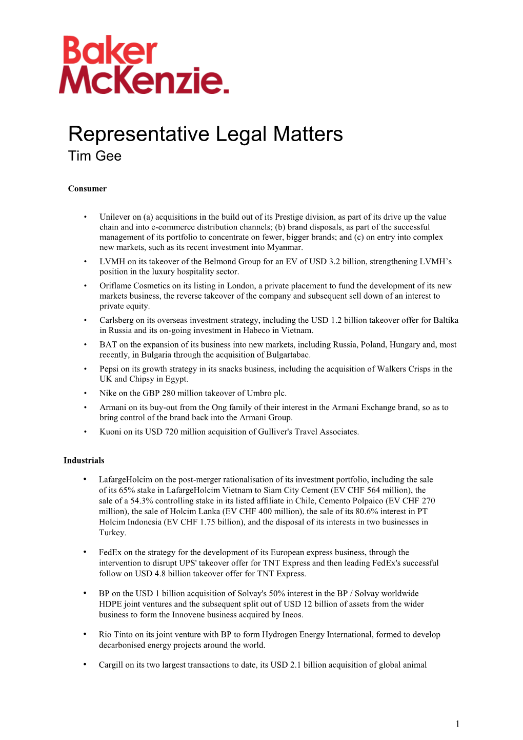 Representative Legal Matters Tim Gee