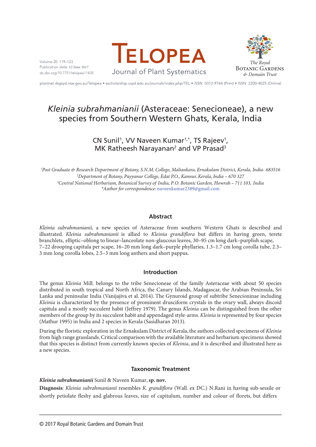 Kleinia Subrahmanianii (Asteraceae: Senecioneae), a New Species from Southern Western Ghats, Kerala, India