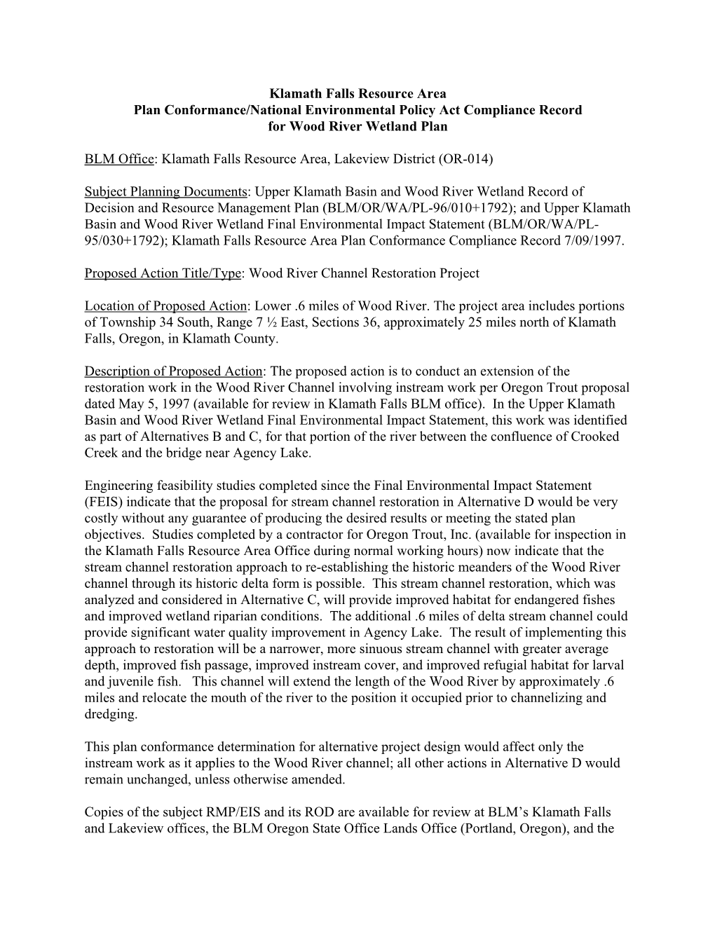 Klamath Falls Resource Area Plan Conformance/National Environmental Policy Act Compliance Record for Wood River Wetland Plan