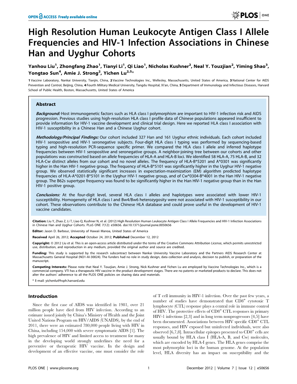 High Resolution Human Leukocyte Antigen Class I Allele Frequencies and HIV-1 Infection Associations in Chinese Han and Uyghur Cohorts