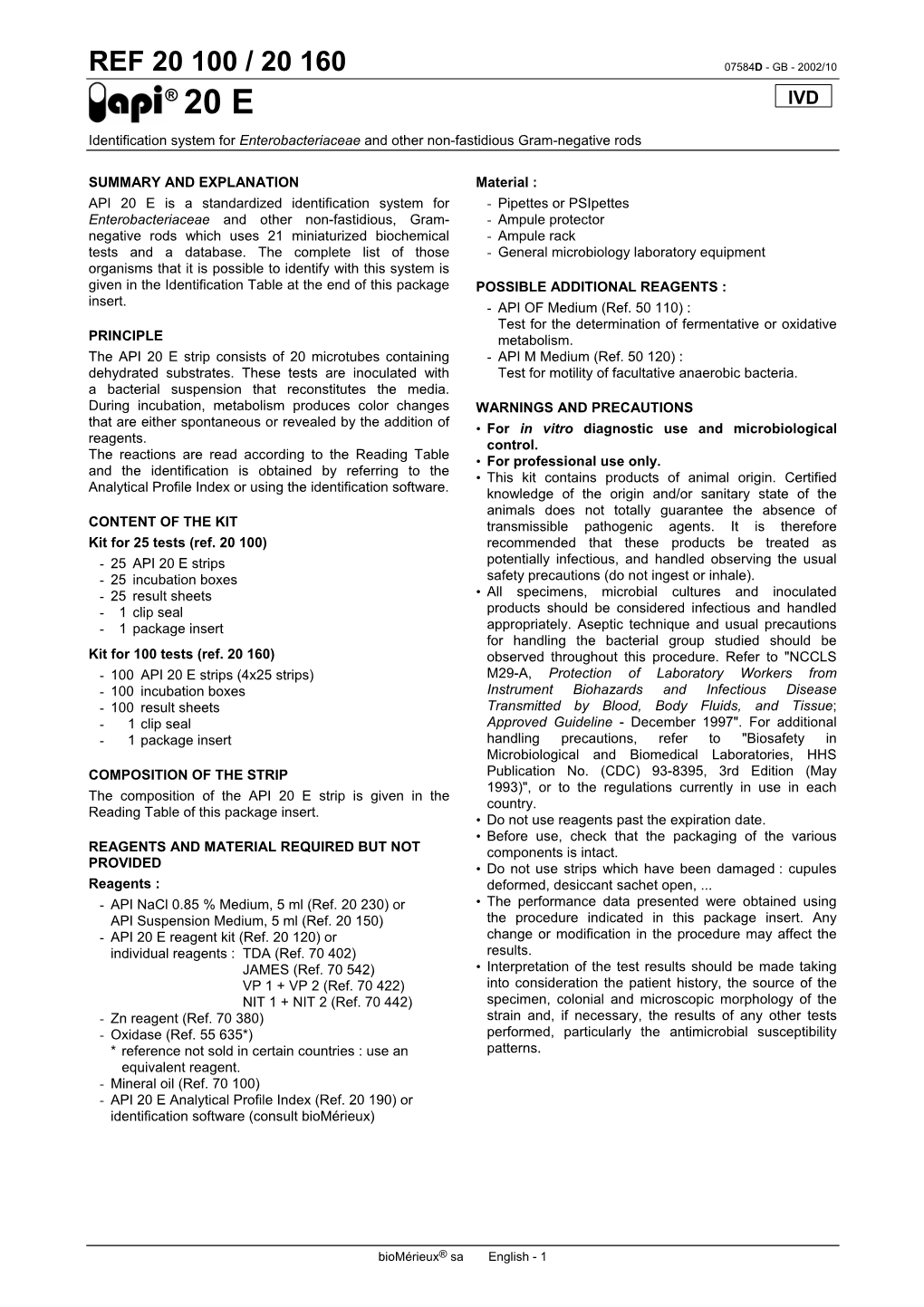 API 20E Manufacture Instructions