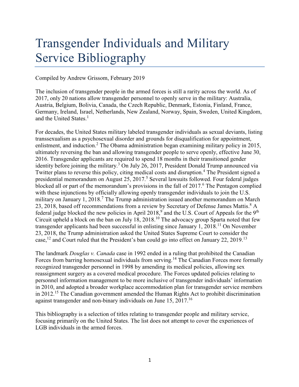 Transgender Individuals and Military Service Bibliography