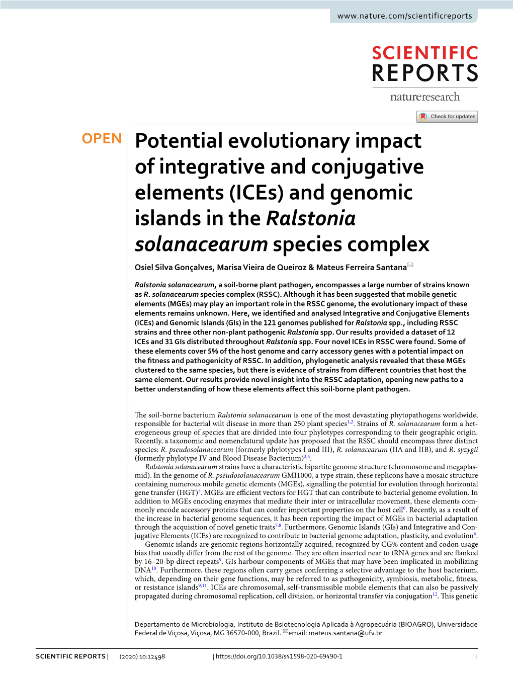 And Genomic Islands in the Ralstonia Solanacearum Species Complex Osiel Silva Gonçalves, Marisa Vieira De Queiroz & Mateus Ferreira Santana*