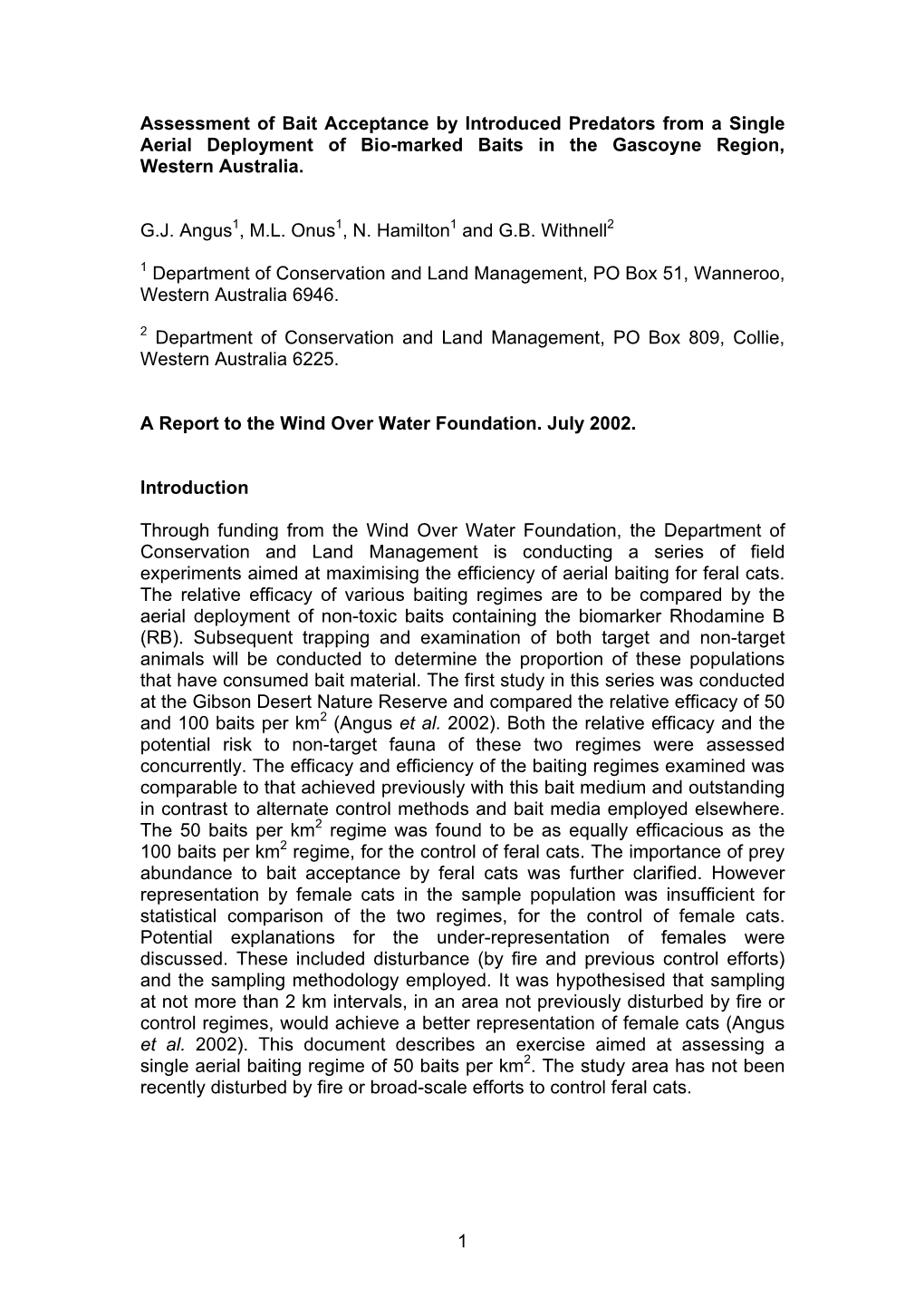 Assessment of Bait Acceptance by Introduced Predators from a Single Aerial Deployment of Bio-Marked Baits in the Gascoyne Region, Western Australia