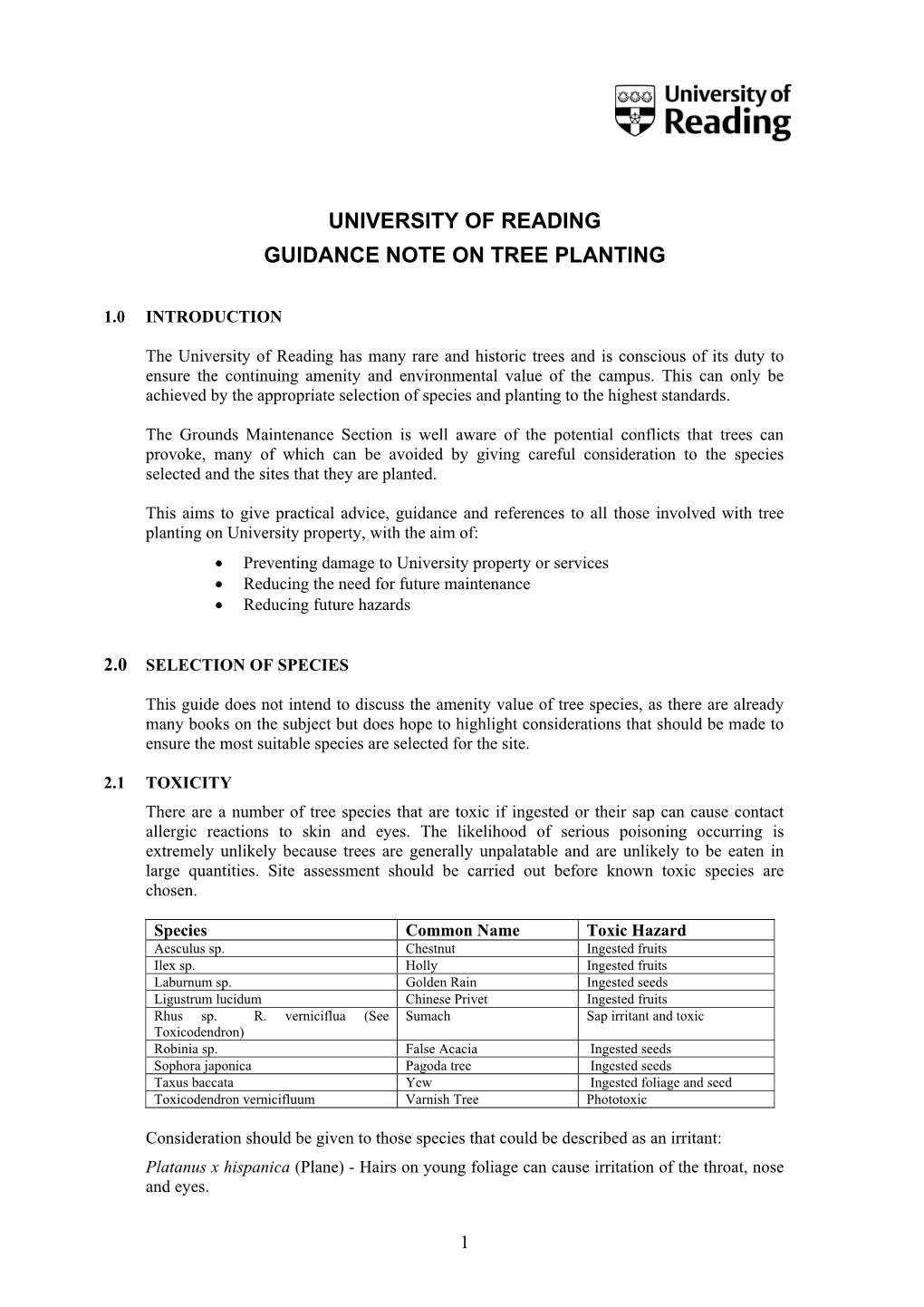 University of Reading Guidance Note on Tree Planting