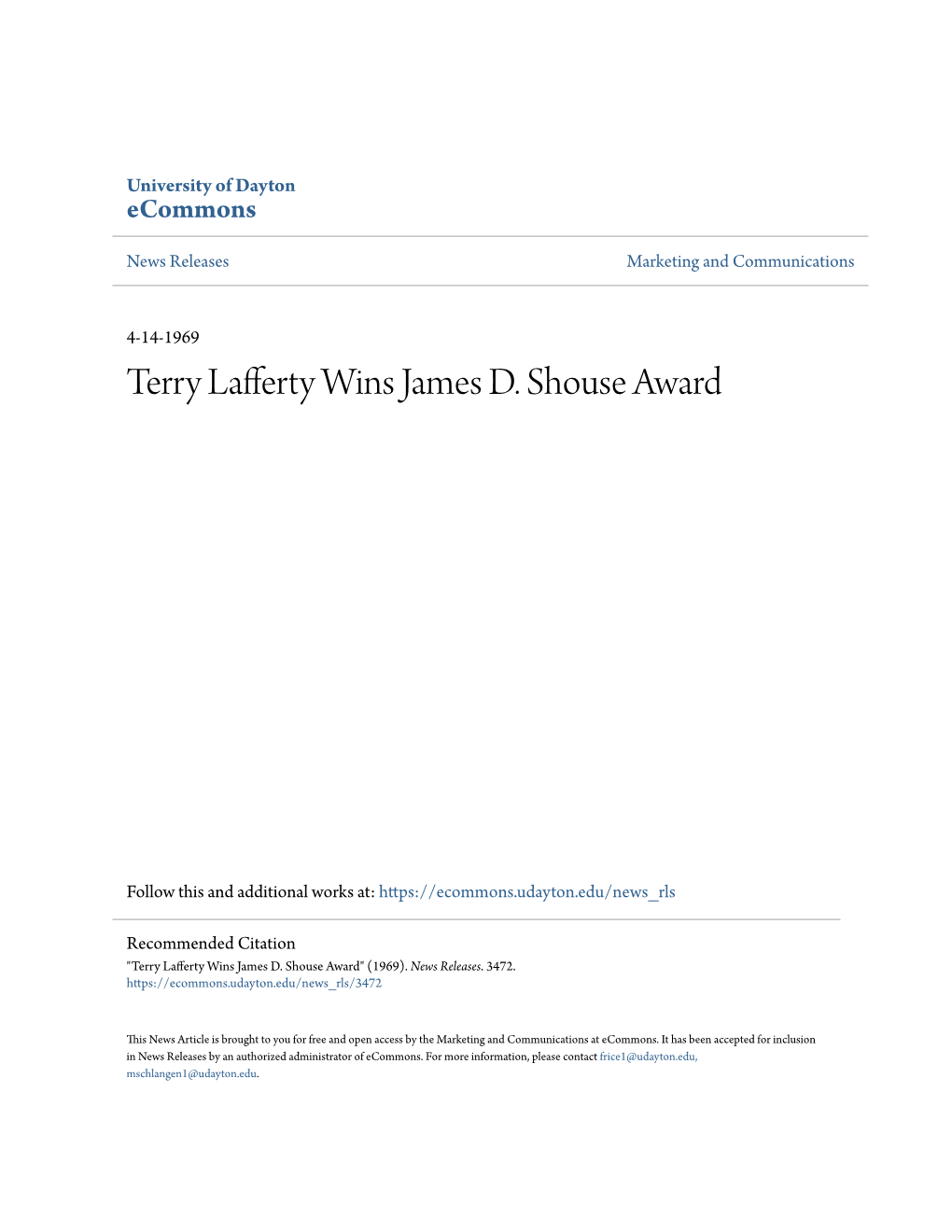Terry Lafferty Wins James D. Shouse Award