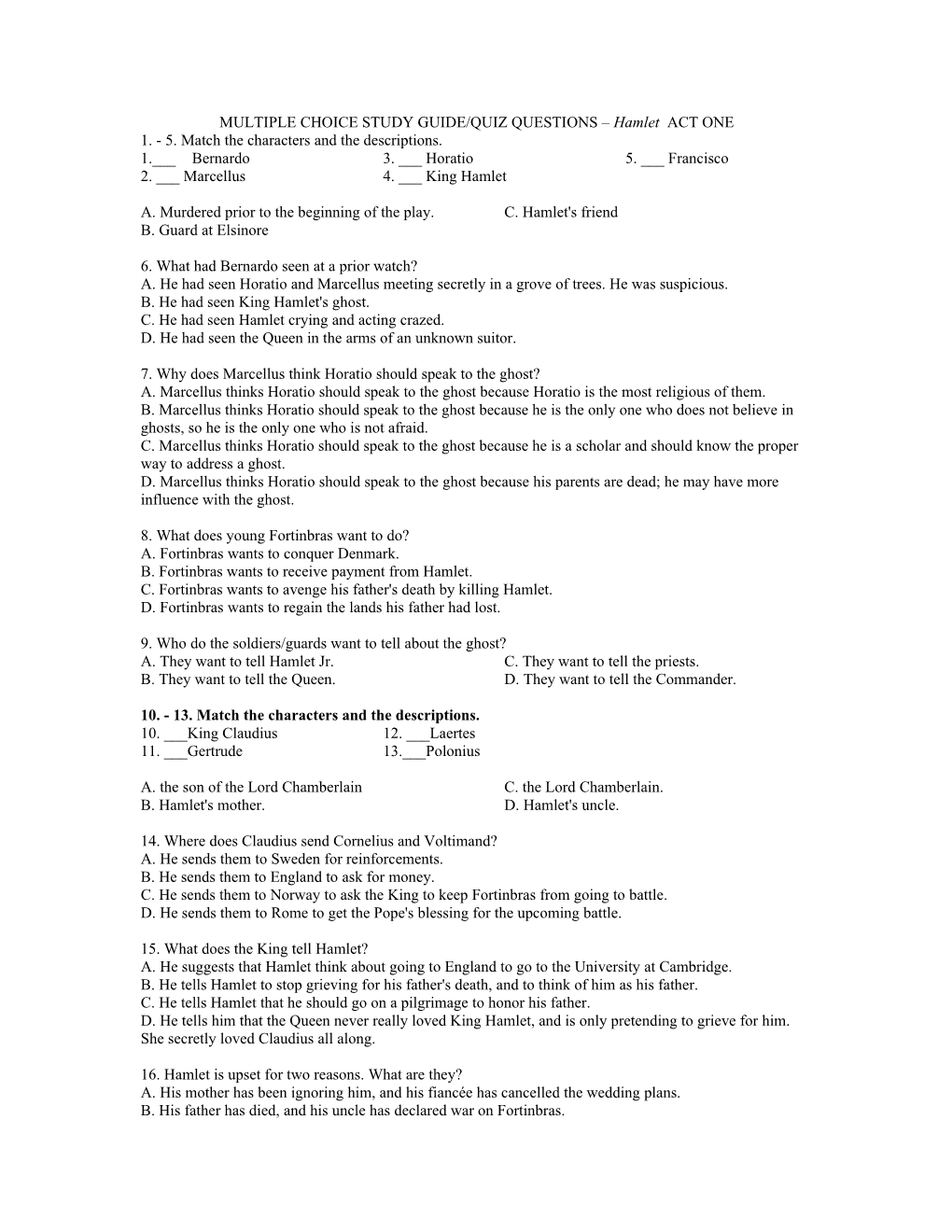 MULTIPLE CHOICE STUDY GUIDE/QUIZ QUESTIONS – Hamlet ACT ONE