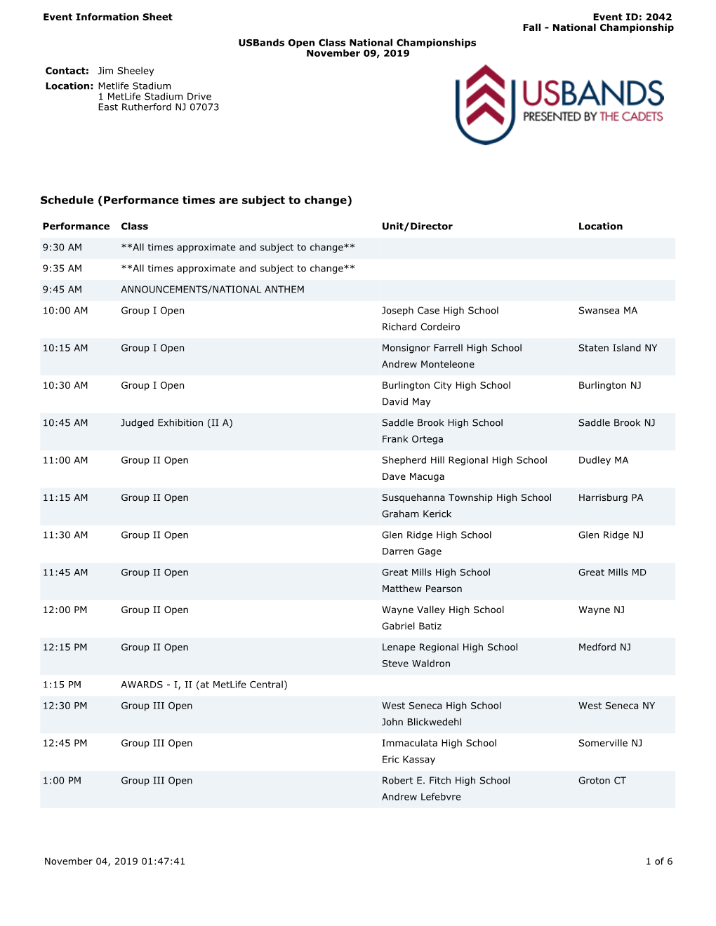 Schedule (Performance Times Are Subject to Change)