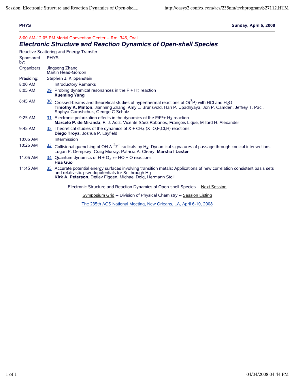 Session: Electronic Structure and Reaction Dynamics of Open-Shel