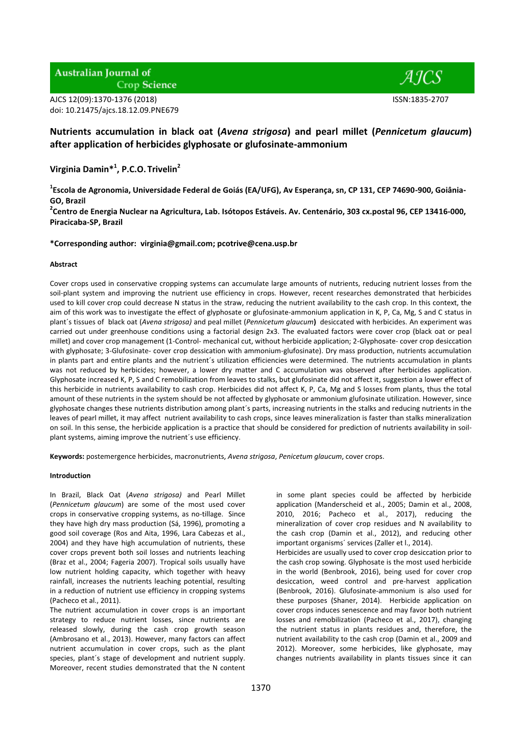 Nutrients Accumulation in Black Oat (Avena Strigosa) and Pearl Millet (Pennicetum Glaucum) After Application of Herbicides Glyphosate Or Glufosinate-Ammonium