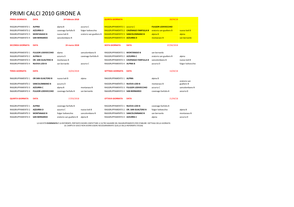 PRIMI CALCI 2010 GIRONE a PRIMA GIORNATA DATA 24 Febbraio 2018 QUINTA GIORNATA 28/04/18