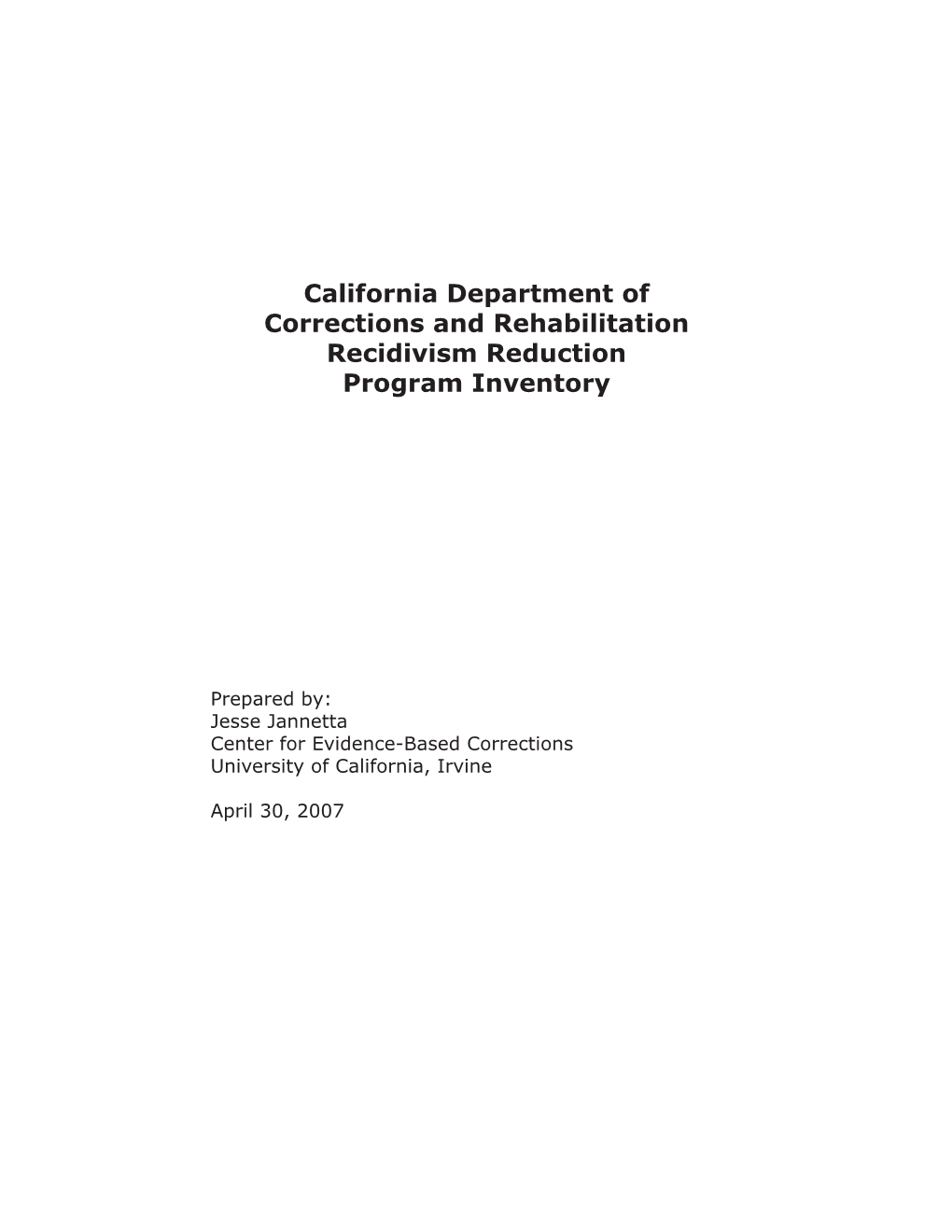 California Department of Corrections and Rehabilitation Recidivism Reduction Program Inventory