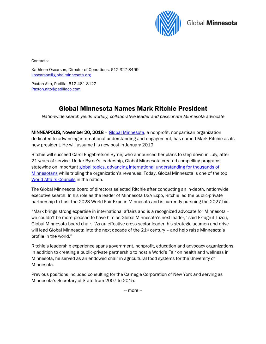 Global Minnesota Names Mark Ritchie President Nationwide Search Yields Worldly, Collaborative Leader and Passionate Minnesota Advocate